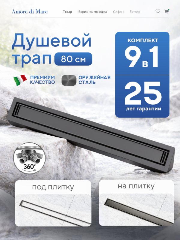 Душевой трап Amore di Mare Verso Gun Metal SD-80GM 	800мм*70мм  оружейная сталь